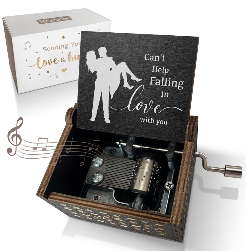 Hcaredee Cant Help Falling in Love Music Box for Lover Girlfriend Boyfriend Wife Husband Hand Crank Engraved Wooden Musical Boxes Gifts for Birthday Anniversary Valentine's Day Black - Image 1